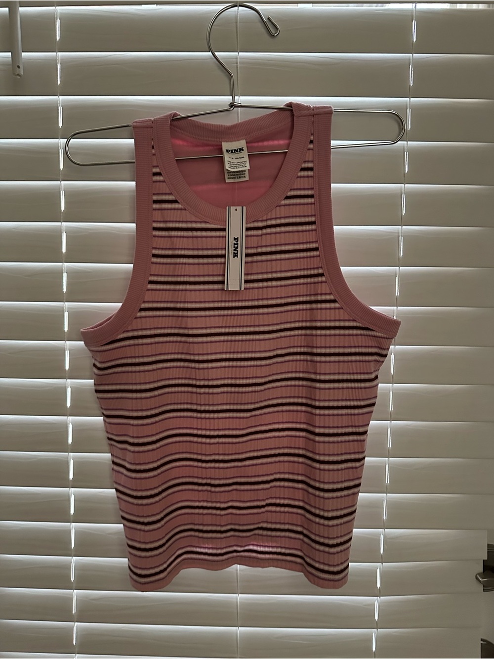 PINK Victoria's Secret Pink Striped Ribbed Tank with Shelf-Bra
